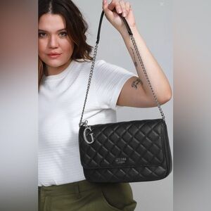 Guess Black Quilted Shoulder Bag with Silver Chain